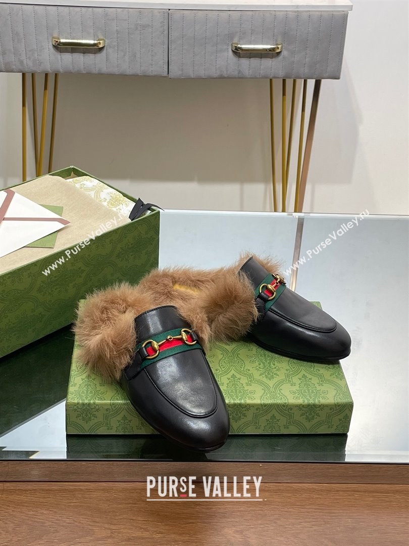 Gucci Wool Fur 2015 Re-Edition womens Princetown Slipper with Horsebit 397749 Leather Web Black 2023 (modeng-23103042)