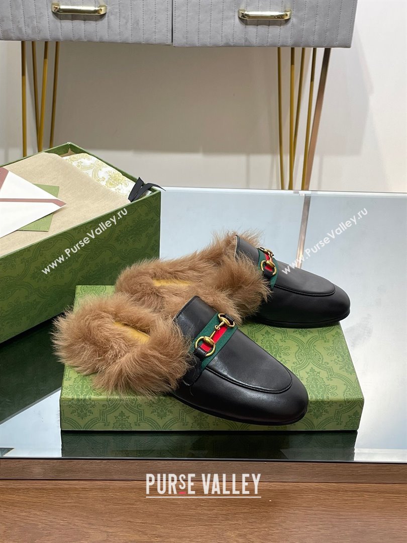 Gucci Wool Fur 2015 Re-Edition womens Princetown Slipper with Horsebit 397749 Leather Web Black 2023 (modeng-23103042)