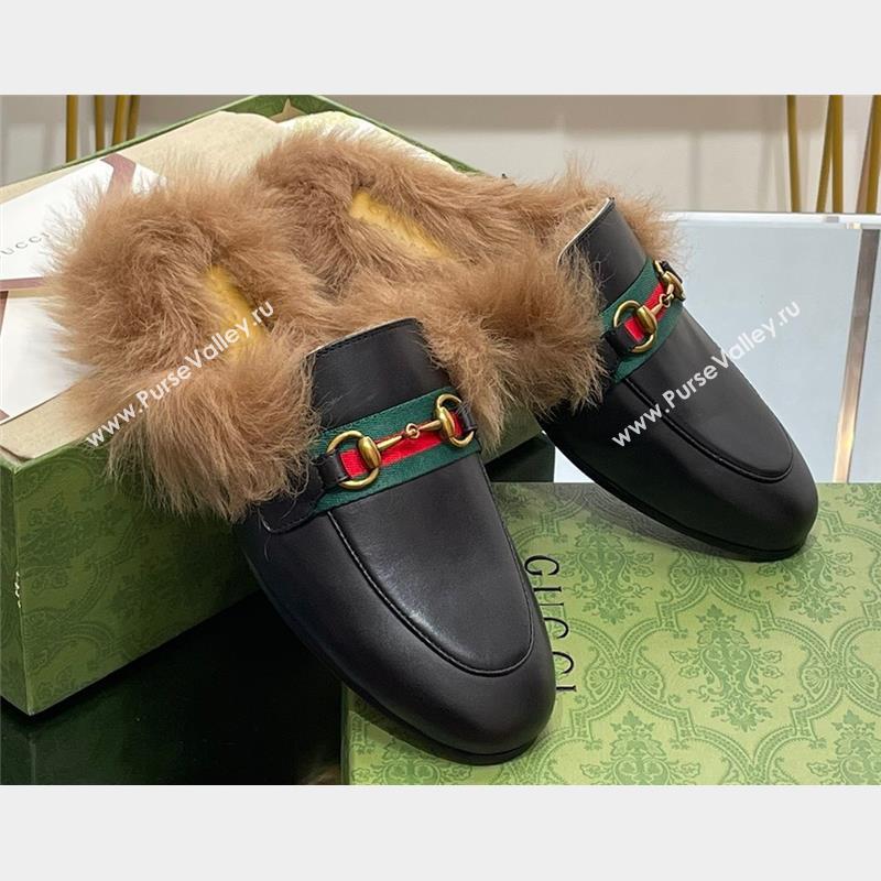 Gucci Wool Fur 2015 Re-Edition womens Princetown Slipper with Horsebit 397749 Leather Web Black 2023 (modeng-23103042)