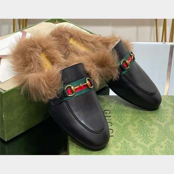 Gucci Wool Fur 2015 Re-Edition womens Princetown Slipper with Horsebit 397749 Leather Web Black 2023 (modeng-23103042)