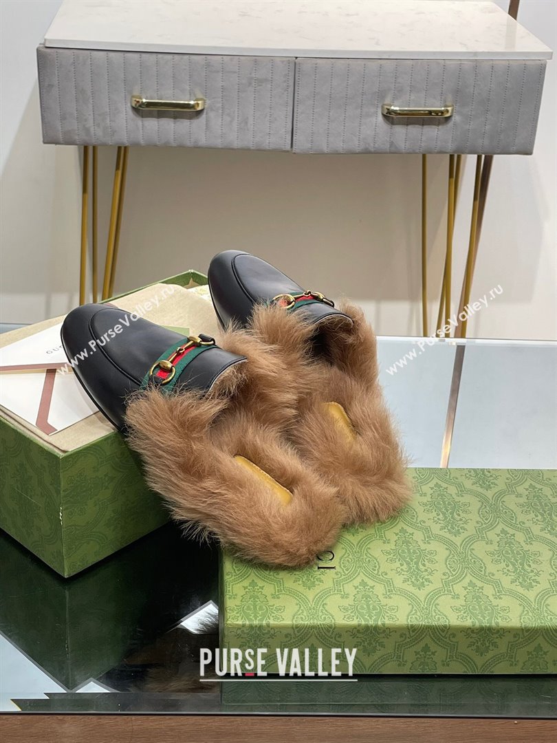 Gucci Wool Fur 2015 Re-Edition womens Princetown Slipper with Horsebit 397749 Leather Web Black 2023 (modeng-23103042)