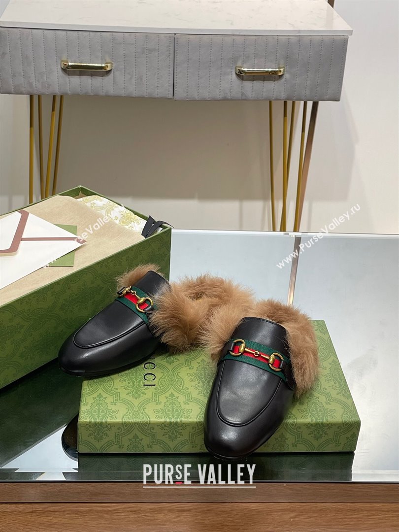 Gucci Wool Fur 2015 Re-Edition womens Princetown Slipper with Horsebit 397749 Leather Web Black 2023 (modeng-23103042)