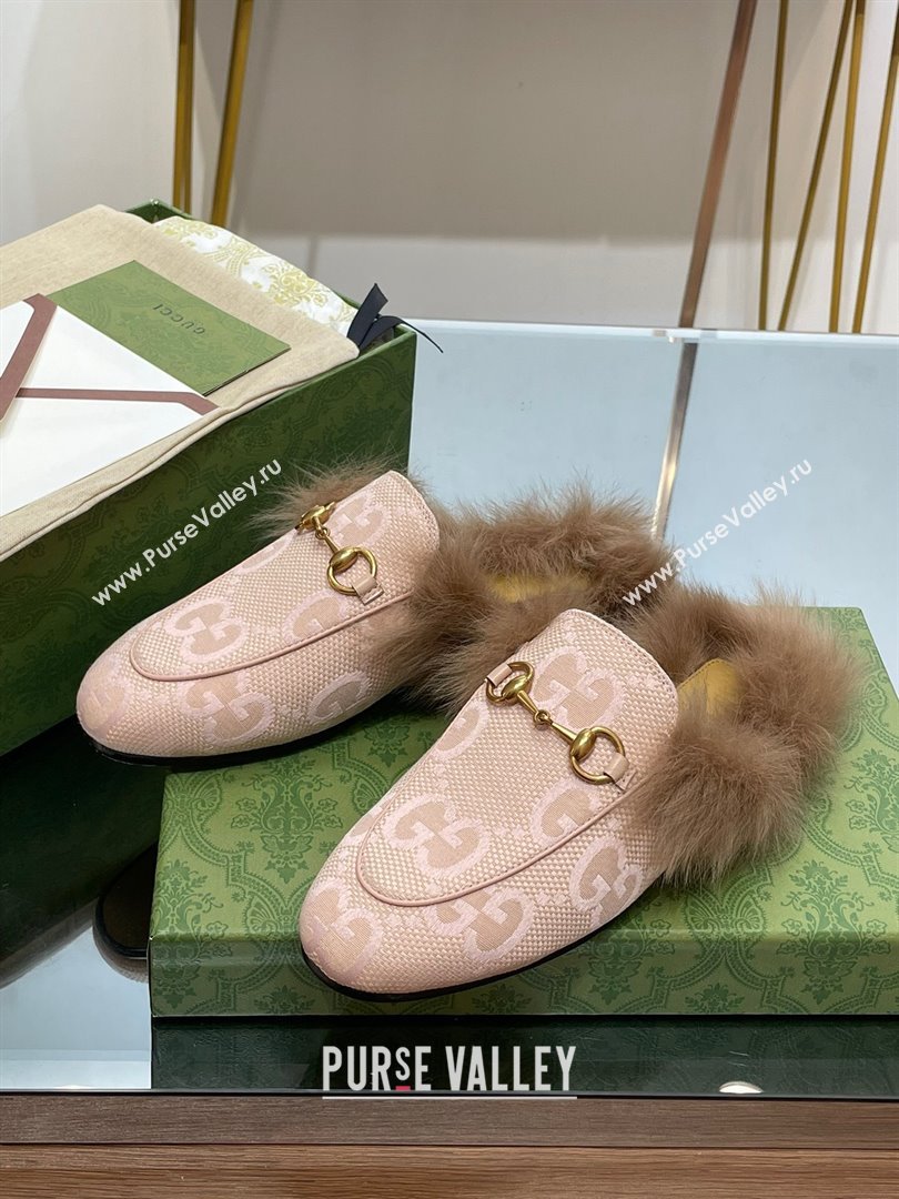 Gucci Wool Fur 2015 Re-Edition womens Princetown Slipper with Horsebit 397749 Jumbo GG Canvas Light Pink 2023 (modeng-23103055)