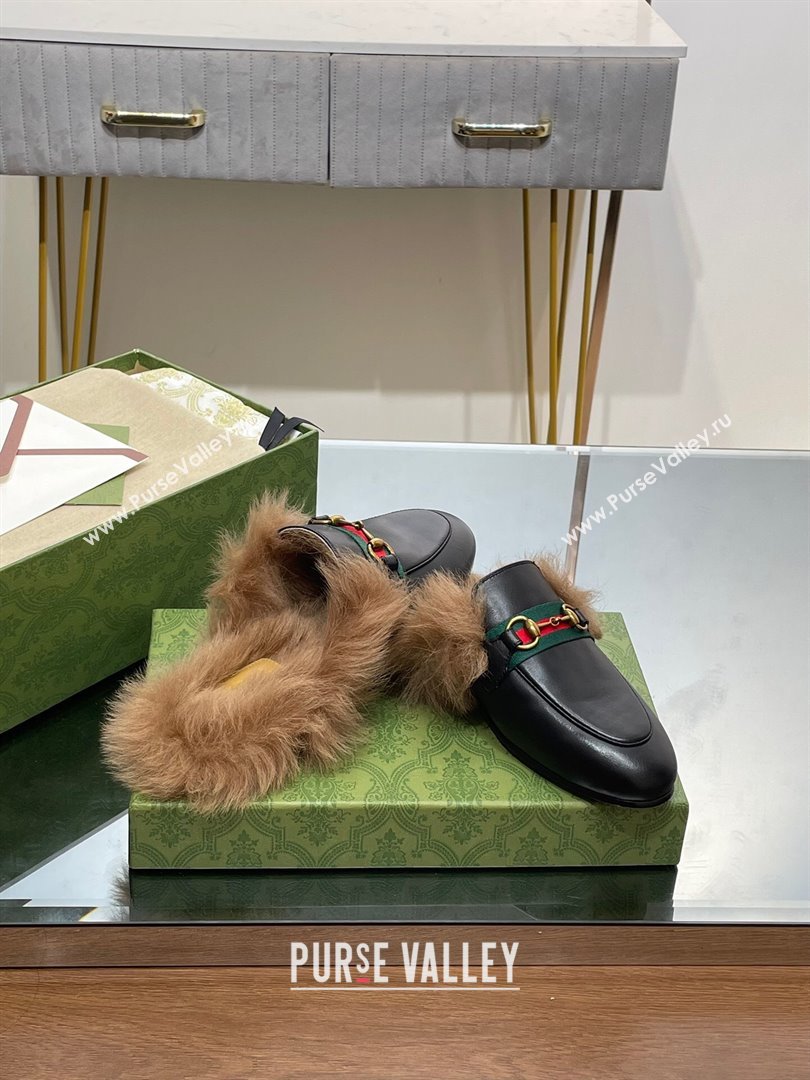 Gucci Wool Fur 2015 Re-Edition womens Princetown Slipper with Horsebit 397749 Leather Web Black 2023 (modeng-23103042)