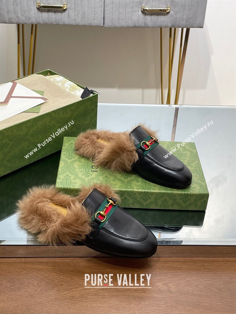 Gucci Wool Fur 2015 Re-Edition womens Princetown Slipper with Horsebit 397749 Leather Web Black 2023 (modeng-23103042)