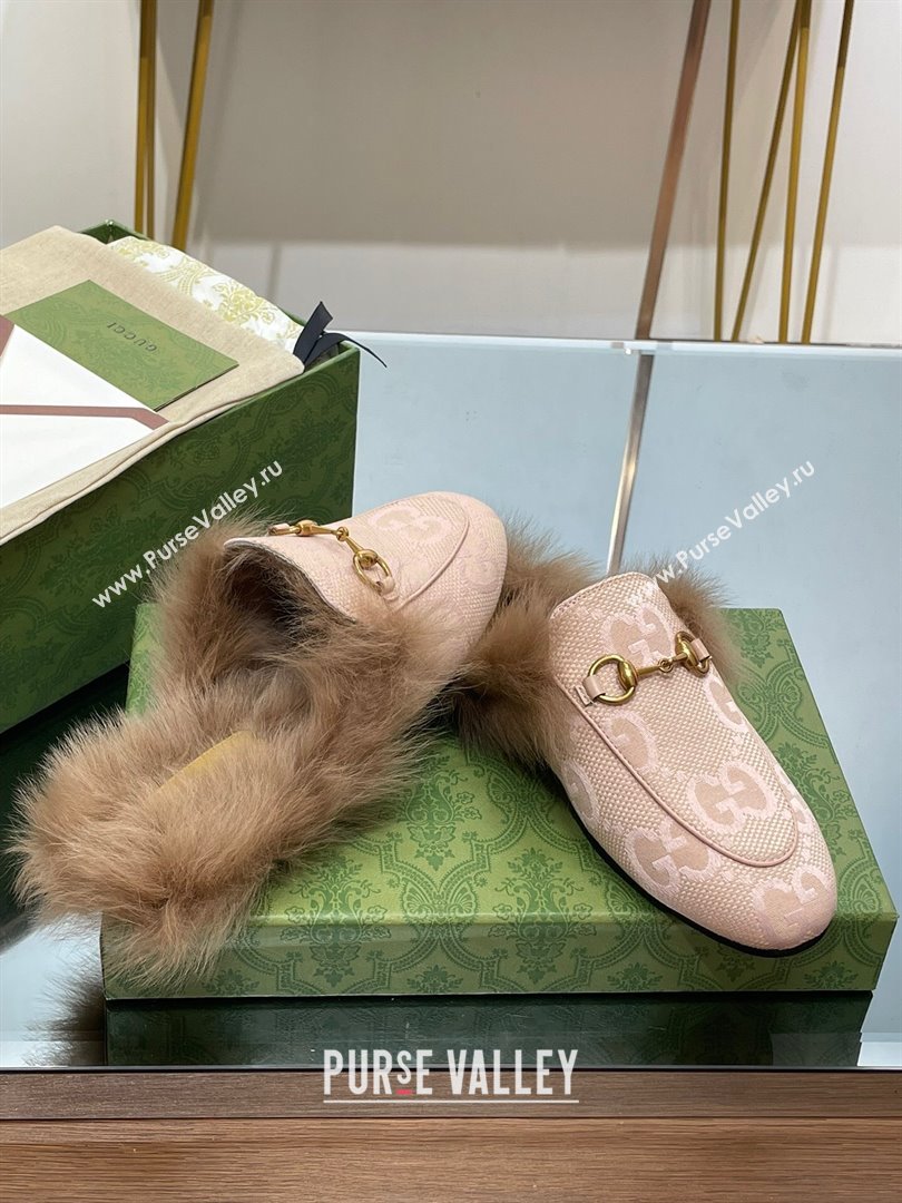 Gucci Wool Fur 2015 Re-Edition womens Princetown Slipper with Horsebit 397749 Jumbo GG Canvas Light Pink 2023 (modeng-23103055)