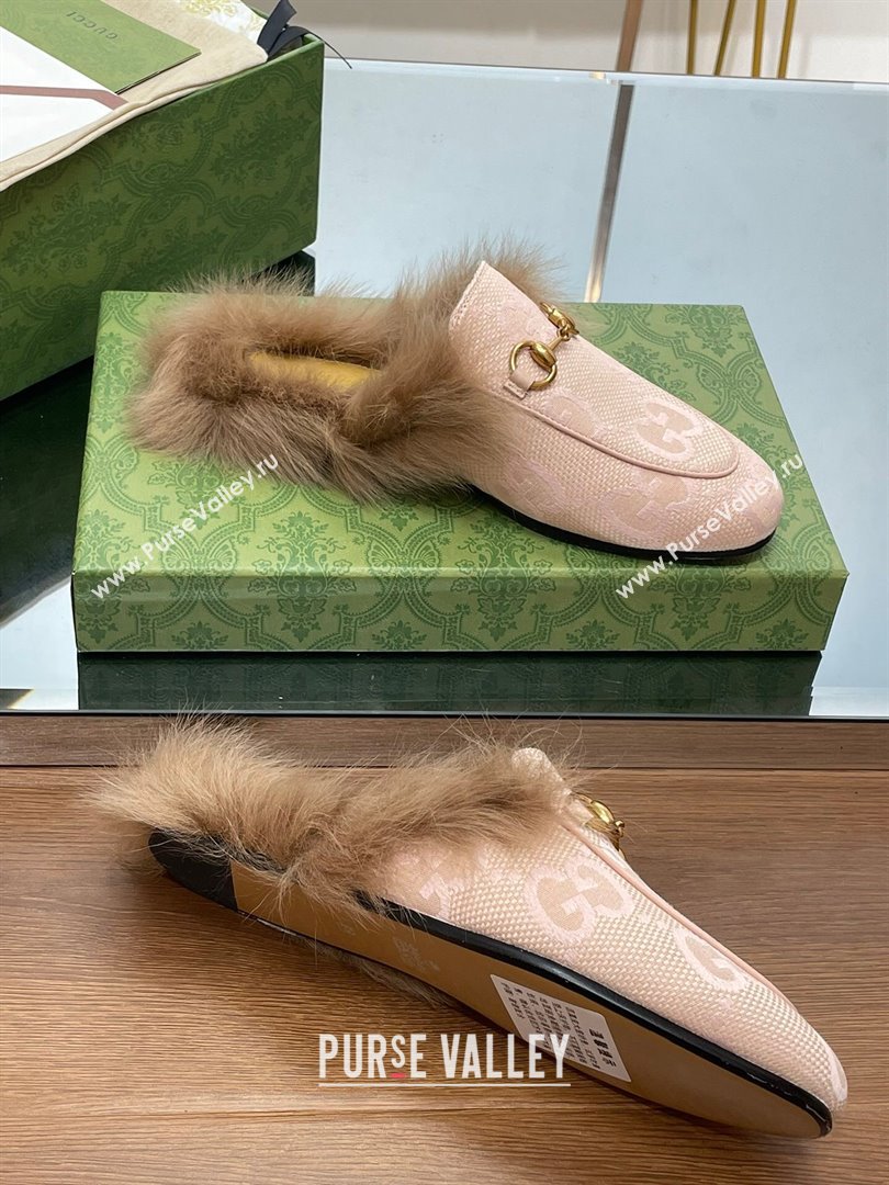 Gucci Wool Fur 2015 Re-Edition womens Princetown Slipper with Horsebit 397749 Jumbo GG Canvas Light Pink 2023 (modeng-23103055)