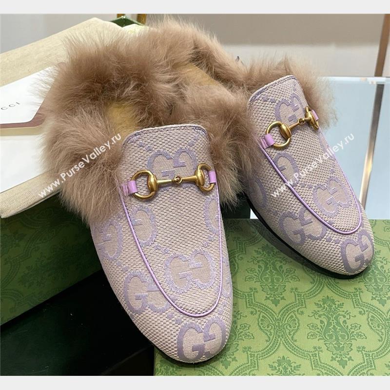 Gucci Wool Fur 2015 Re-Edition womens Princetown Slipper with Horsebit 397749 Jumbo GG Canvas Lilac 2023 (modeng-23103056)