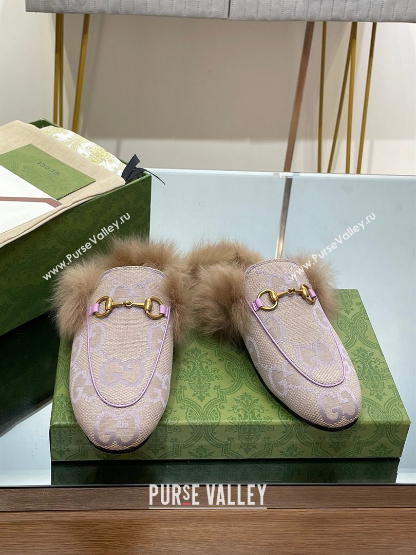 Gucci Wool Fur 2015 Re-Edition womens Princetown Slipper with Horsebit 397749 Jumbo GG Canvas Lilac 2023 (modeng-23103056)