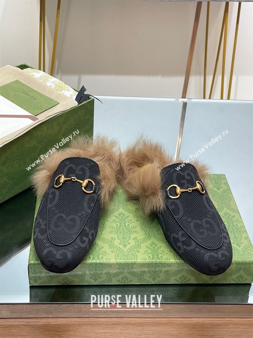 Gucci Wool Fur 2015 Re-Edition womens Princetown Slipper with Horsebit 397749 Jumbo GG Canvas Black 2023 (modeng-23103053)