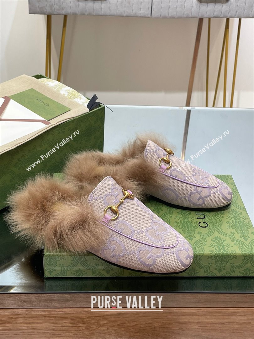 Gucci Wool Fur 2015 Re-Edition womens Princetown Slipper with Horsebit 397749 Jumbo GG Canvas Lilac 2023 (modeng-23103056)