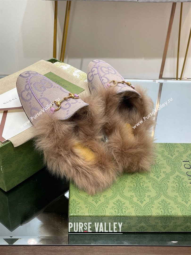 Gucci Wool Fur 2015 Re-Edition womens Princetown Slipper with Horsebit 397749 Jumbo GG Canvas Lilac 2023 (modeng-23103056)