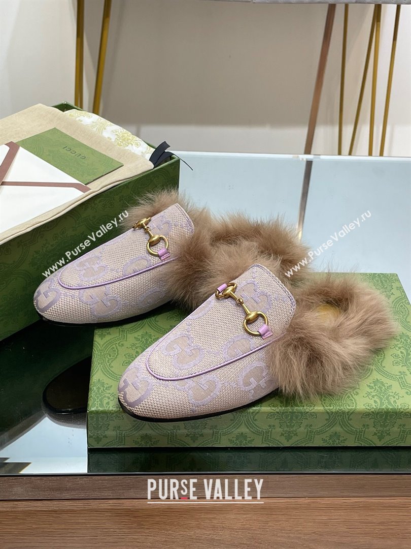 Gucci Wool Fur 2015 Re-Edition womens Princetown Slipper with Horsebit 397749 Jumbo GG Canvas Lilac 2023 (modeng-23103056)