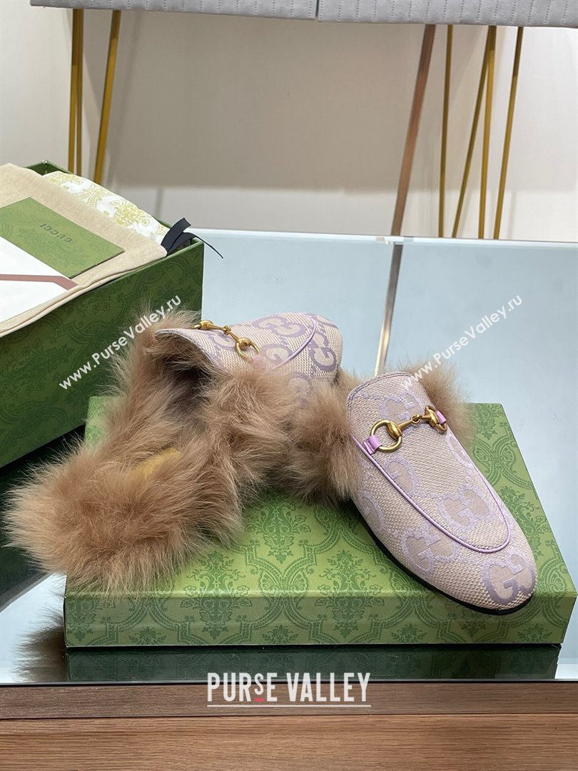 Gucci Wool Fur 2015 Re-Edition womens Princetown Slipper with Horsebit 397749 Jumbo GG Canvas Lilac 2023 (modeng-23103056)