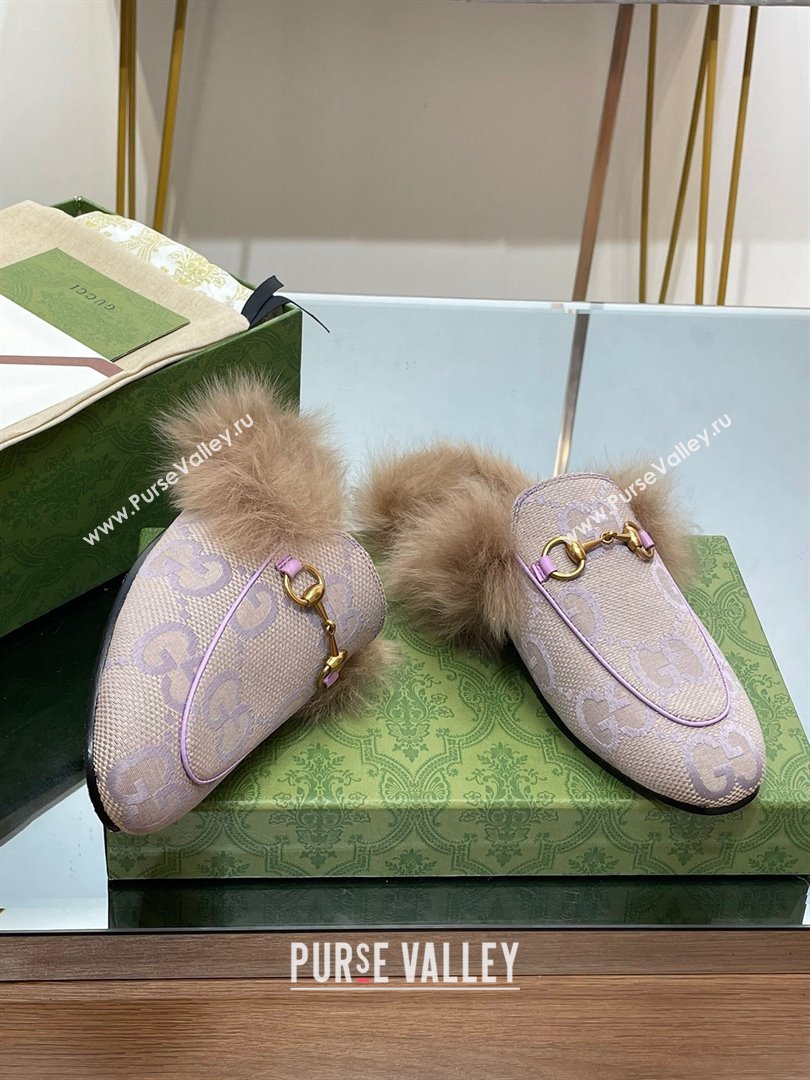 Gucci Wool Fur 2015 Re-Edition womens Princetown Slipper with Horsebit 397749 Jumbo GG Canvas Lilac 2023 (modeng-23103056)