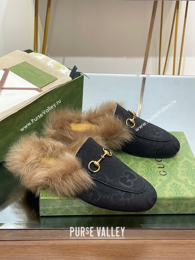 Gucci Wool Fur 2015 Re-Edition womens Princetown Slipper with Horsebit 397749 Jumbo GG Canvas Black 2023 (modeng-23103053)