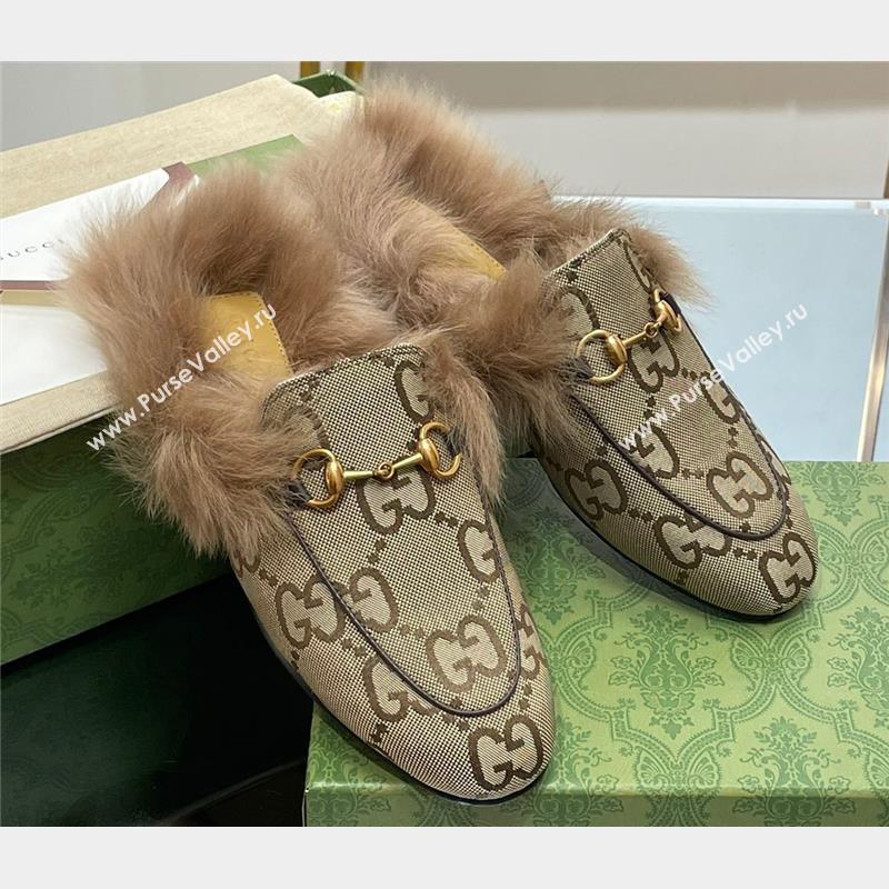 Gucci Wool Fur 2015 Re-Edition womens Princetown Slipper with Horsebit 397749 Jumbo GG Canvas Camel 2023 (modeng-23103058)