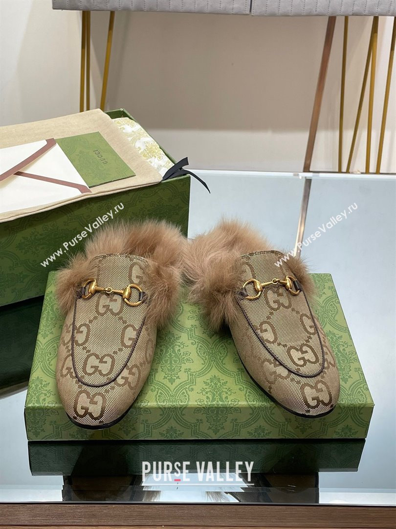 Gucci Wool Fur 2015 Re-Edition womens Princetown Slipper with Horsebit 397749 Jumbo GG Canvas Camel 2023 (modeng-23103058)