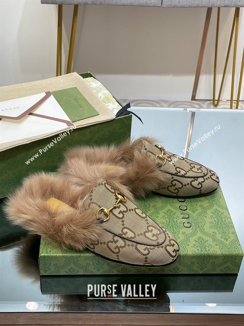 Gucci Wool Fur 2015 Re-Edition womens Princetown Slipper with Horsebit 397749 Jumbo GG Canvas Camel 2023 (modeng-23103058)