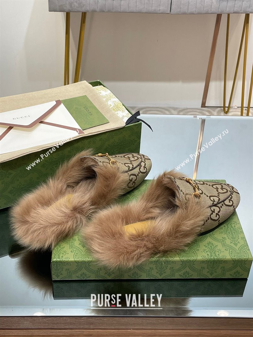 Gucci Wool Fur 2015 Re-Edition womens Princetown Slipper with Horsebit 397749 Jumbo GG Canvas Camel 2023 (modeng-23103058)