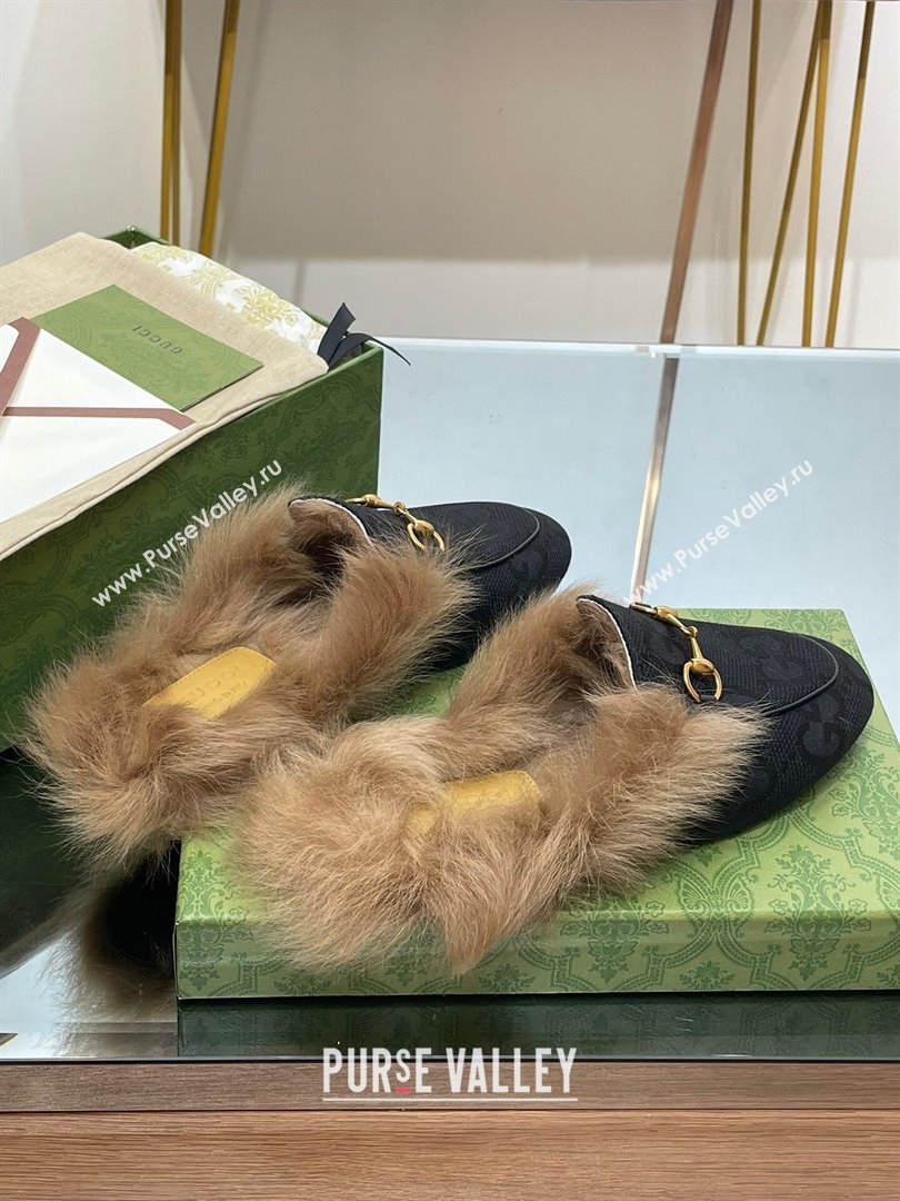 Gucci Wool Fur 2015 Re-Edition womens Princetown Slipper with Horsebit 397749 Jumbo GG Canvas Black 2023 (modeng-23103053)