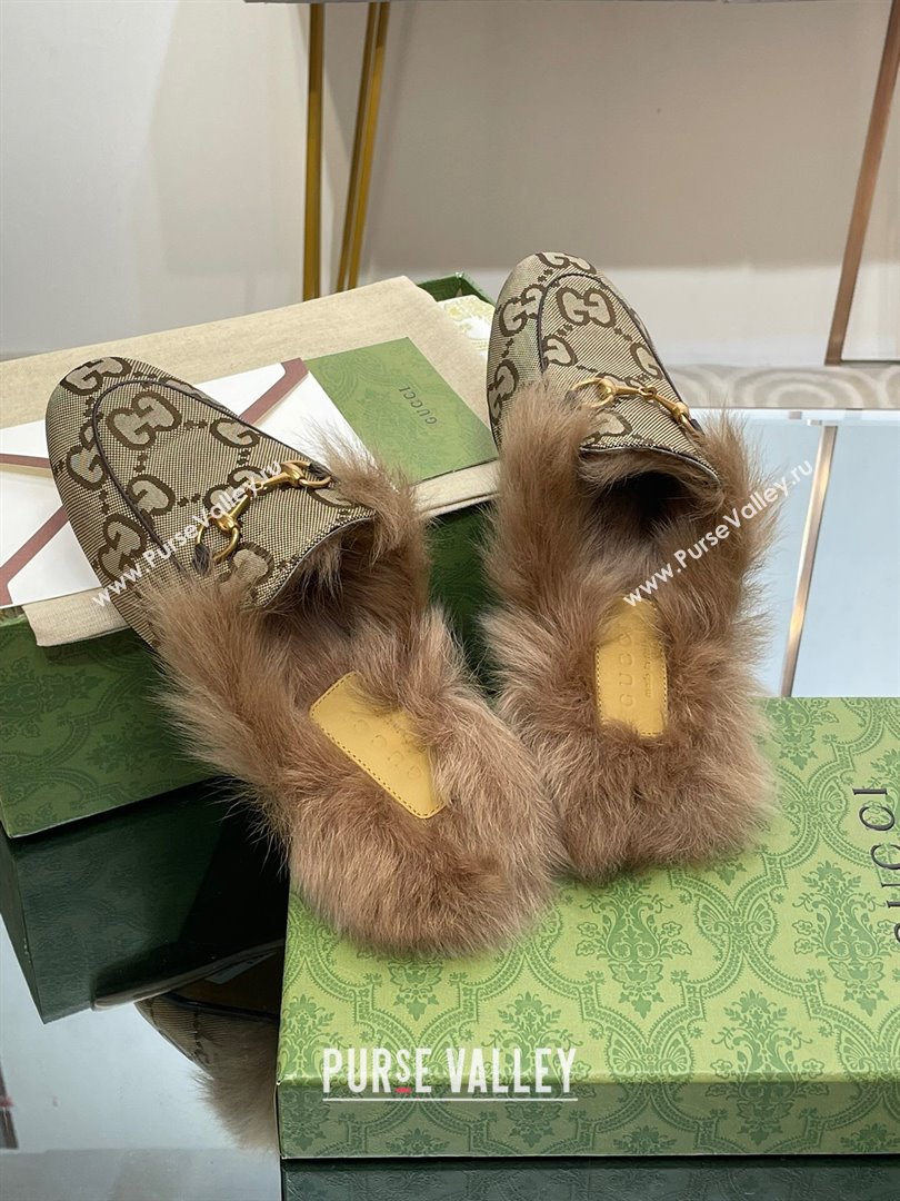 Gucci Wool Fur 2015 Re-Edition womens Princetown Slipper with Horsebit 397749 Jumbo GG Canvas Camel 2023 (modeng-23103058)
