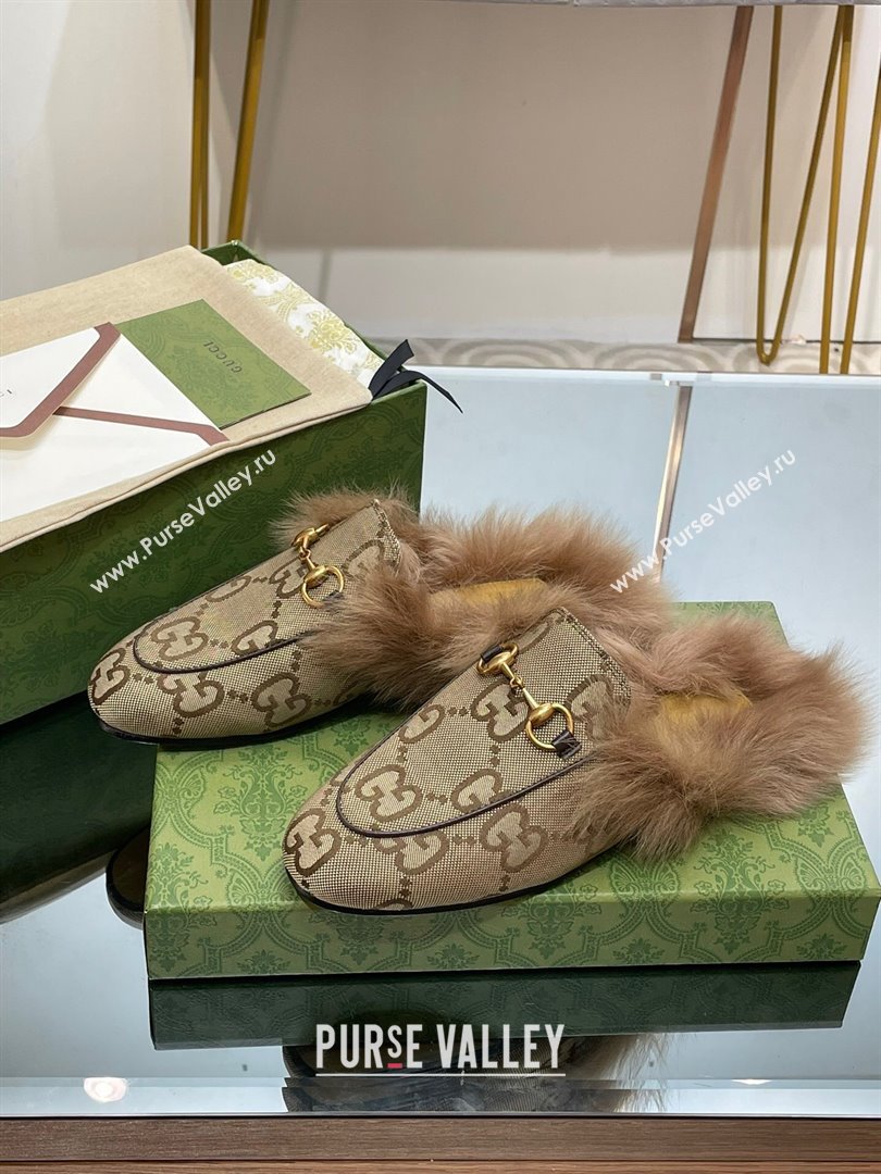 Gucci Wool Fur 2015 Re-Edition womens Princetown Slipper with Horsebit 397749 Jumbo GG Canvas Camel 2023 (modeng-23103058)