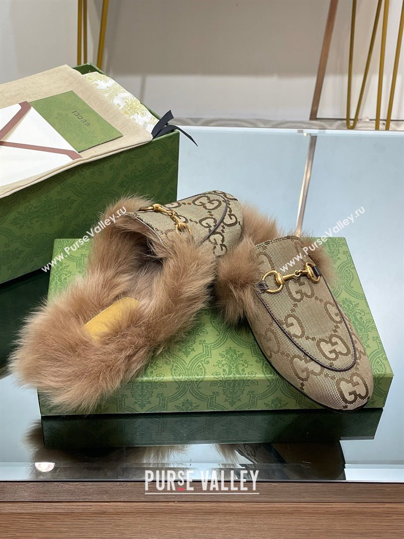 Gucci Wool Fur 2015 Re-Edition womens Princetown Slipper with Horsebit 397749 Jumbo GG Canvas Camel 2023 (modeng-23103058)