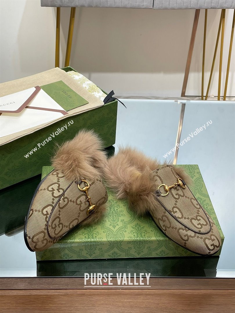 Gucci Wool Fur 2015 Re-Edition womens Princetown Slipper with Horsebit 397749 Jumbo GG Canvas Camel 2023 (modeng-23103058)