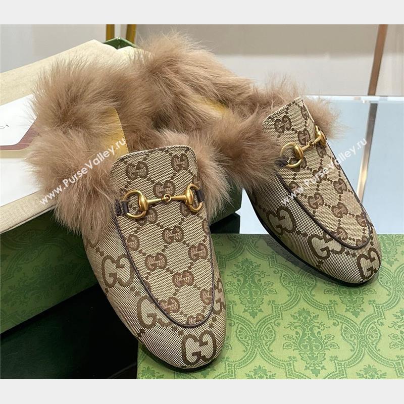 Gucci Wool Fur 2015 Re-Edition womens Princetown Slipper with Horsebit 397749 GG Canvas Camel 2023 (modeng-23103052)