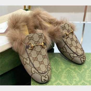 Gucci Wool Fur 2015 Re-Edition womens Princetown Slipper with Horsebit 397749 GG Canvas Camel 2023 (modeng-23103052)