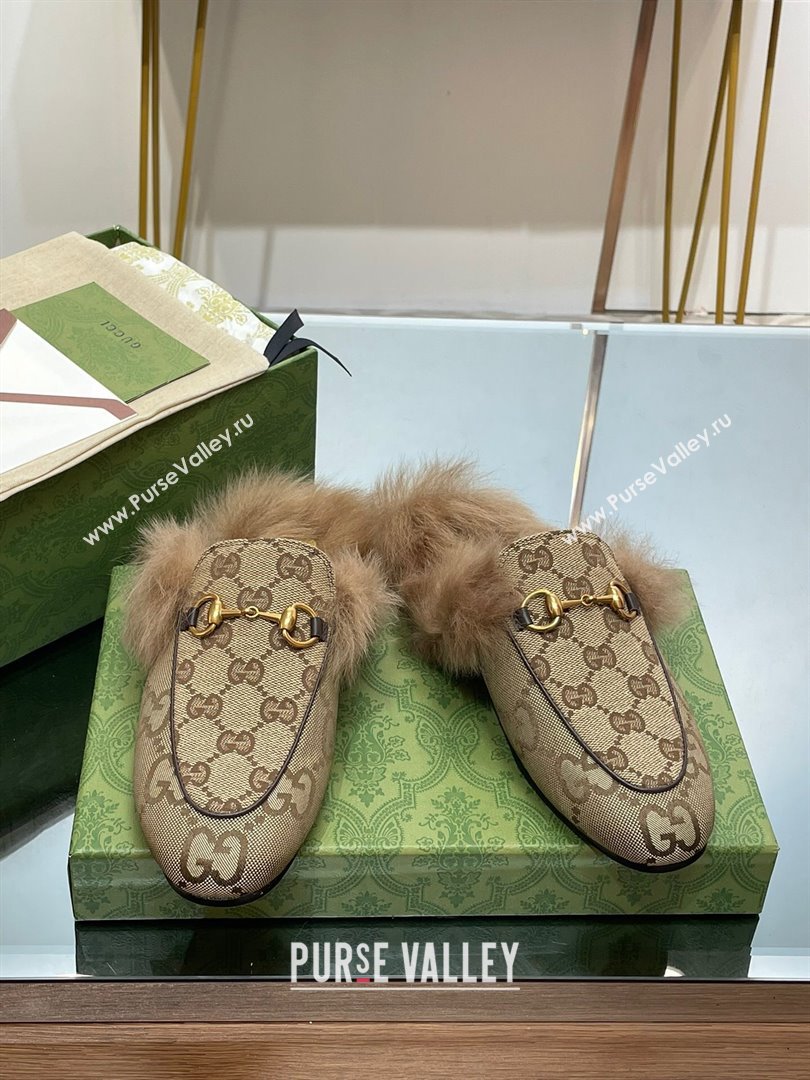 Gucci Wool Fur 2015 Re-Edition womens Princetown Slipper with Horsebit 397749 GG Canvas Camel 2023 (modeng-23103052)