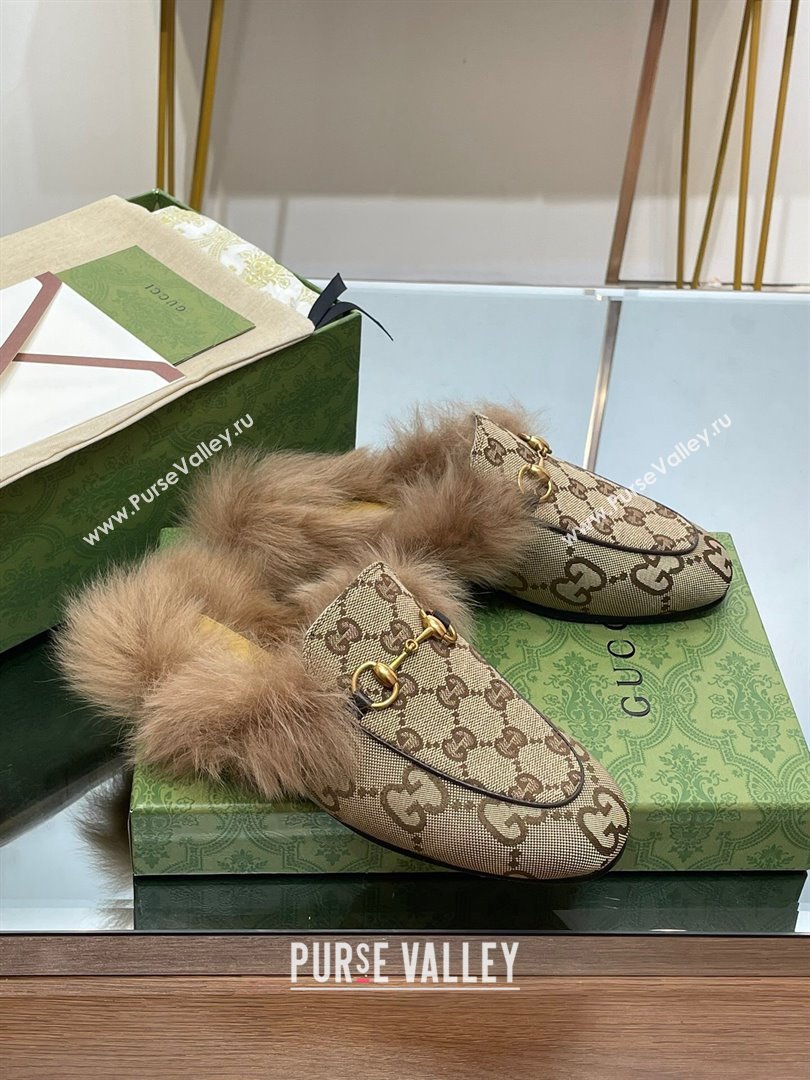 Gucci Wool Fur 2015 Re-Edition womens Princetown Slipper with Horsebit 397749 GG Canvas Camel 2023 (modeng-23103052)