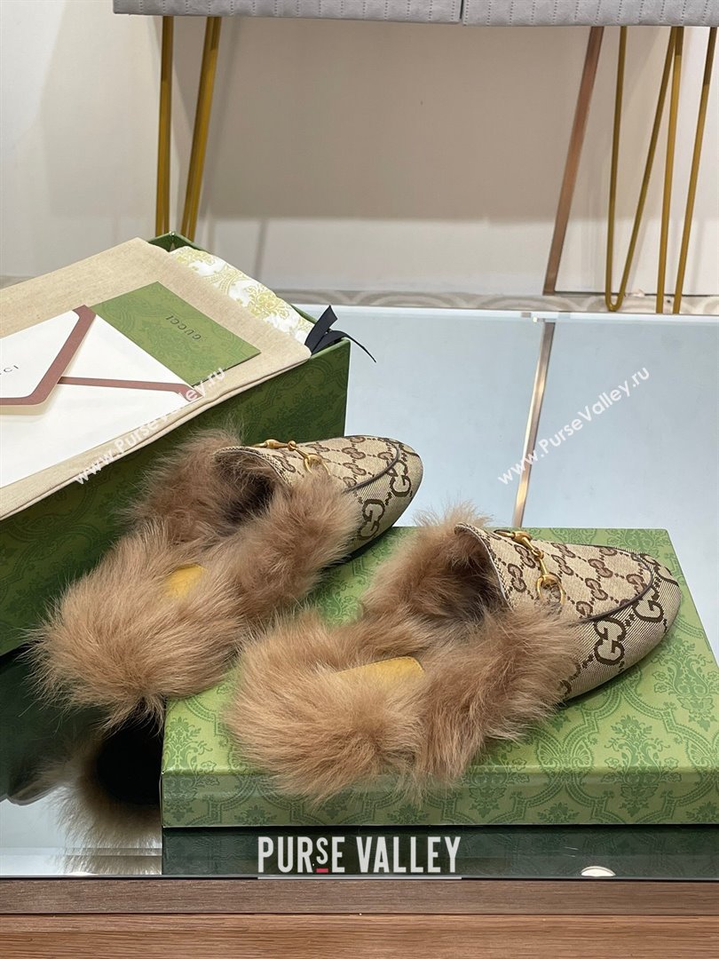 Gucci Wool Fur 2015 Re-Edition womens Princetown Slipper with Horsebit 397749 GG Canvas Camel 2023 (modeng-23103052)
