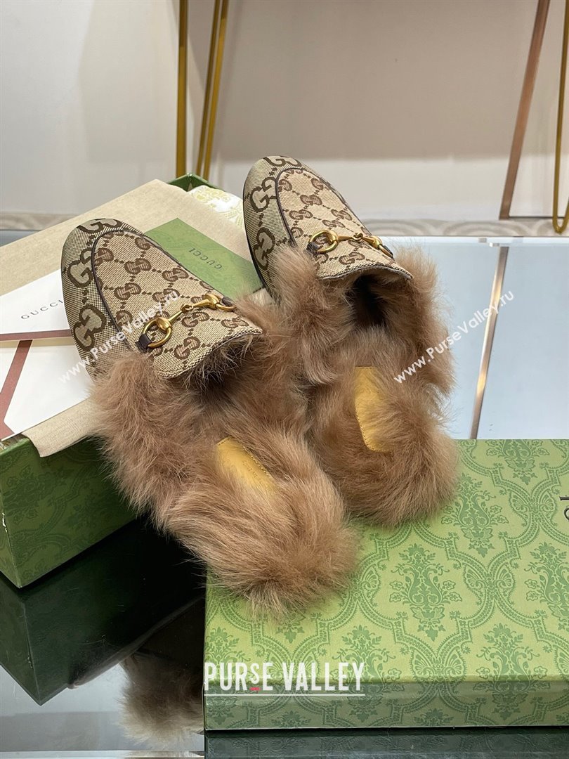 Gucci Wool Fur 2015 Re-Edition womens Princetown Slipper with Horsebit 397749 GG Canvas Camel 2023 (modeng-23103052)