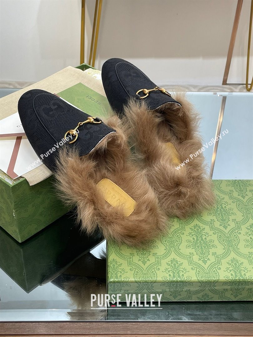 Gucci Wool Fur 2015 Re-Edition womens Princetown Slipper with Horsebit 397749 Jumbo GG Canvas Black 2023 (modeng-23103053)