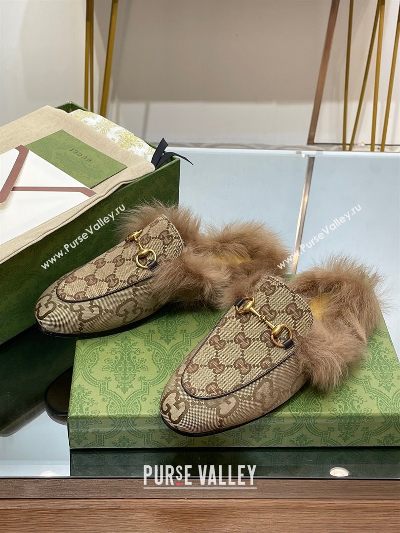 Gucci Wool Fur 2015 Re-Edition womens Princetown Slipper with Horsebit 397749 GG Canvas Camel 2023 (modeng-23103052)