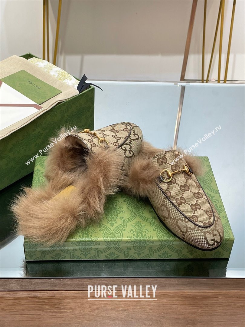 Gucci Wool Fur 2015 Re-Edition womens Princetown Slipper with Horsebit 397749 GG Canvas Camel 2023 (modeng-23103052)