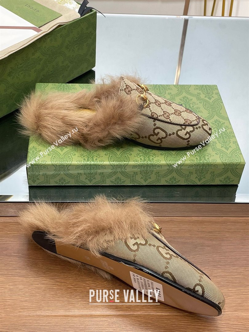 Gucci Wool Fur 2015 Re-Edition womens Princetown Slipper with Horsebit 397749 GG Canvas Camel 2023 (modeng-23103052)