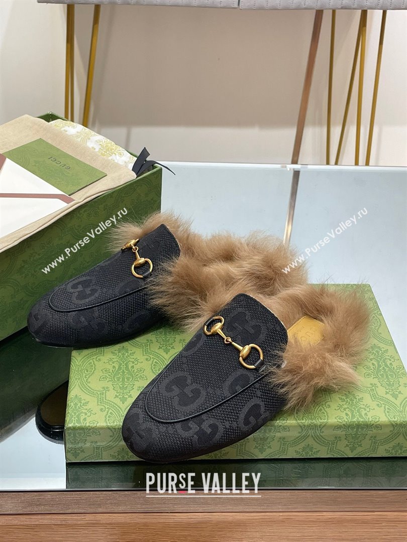 Gucci Wool Fur 2015 Re-Edition womens Princetown Slipper with Horsebit 397749 Jumbo GG Canvas Black 2023 (modeng-23103053)