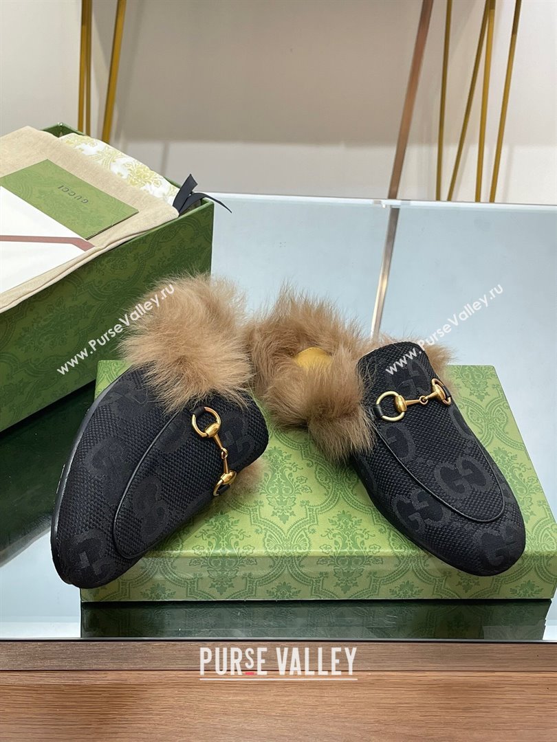 Gucci Wool Fur 2015 Re-Edition womens Princetown Slipper with Horsebit 397749 Jumbo GG Canvas Black 2023 (modeng-23103053)