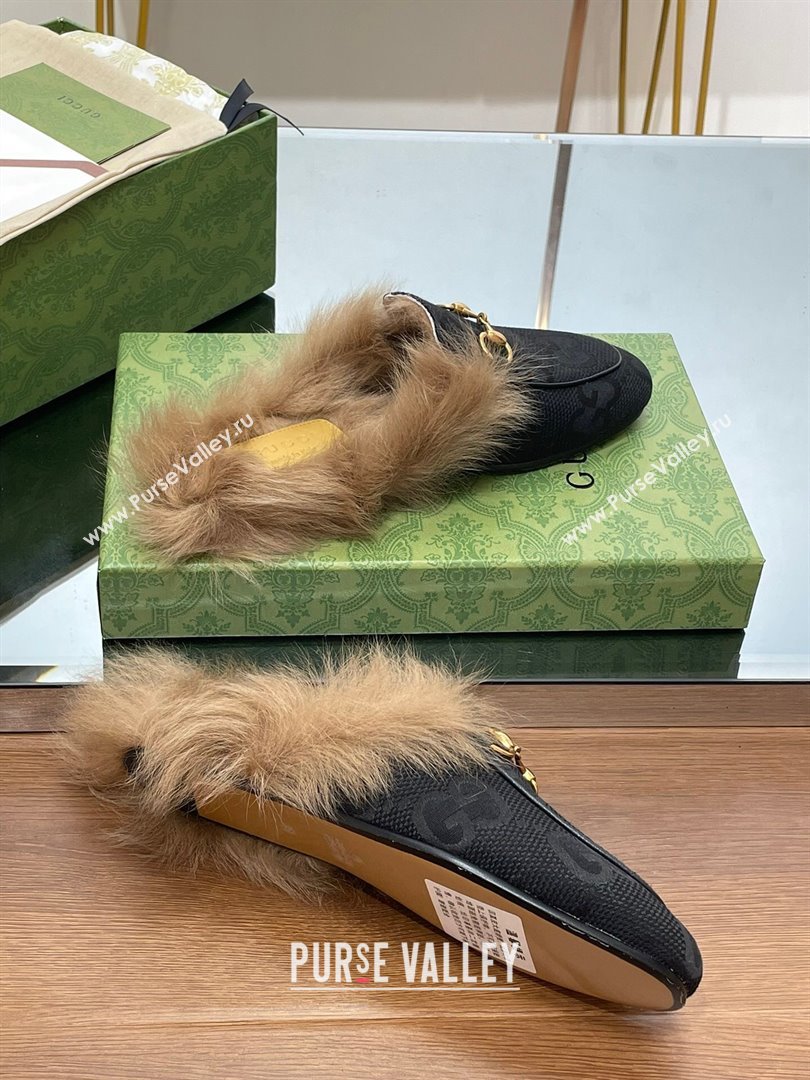 Gucci Wool Fur 2015 Re-Edition womens Princetown Slipper with Horsebit 397749 Jumbo GG Canvas Black 2023 (modeng-23103053)