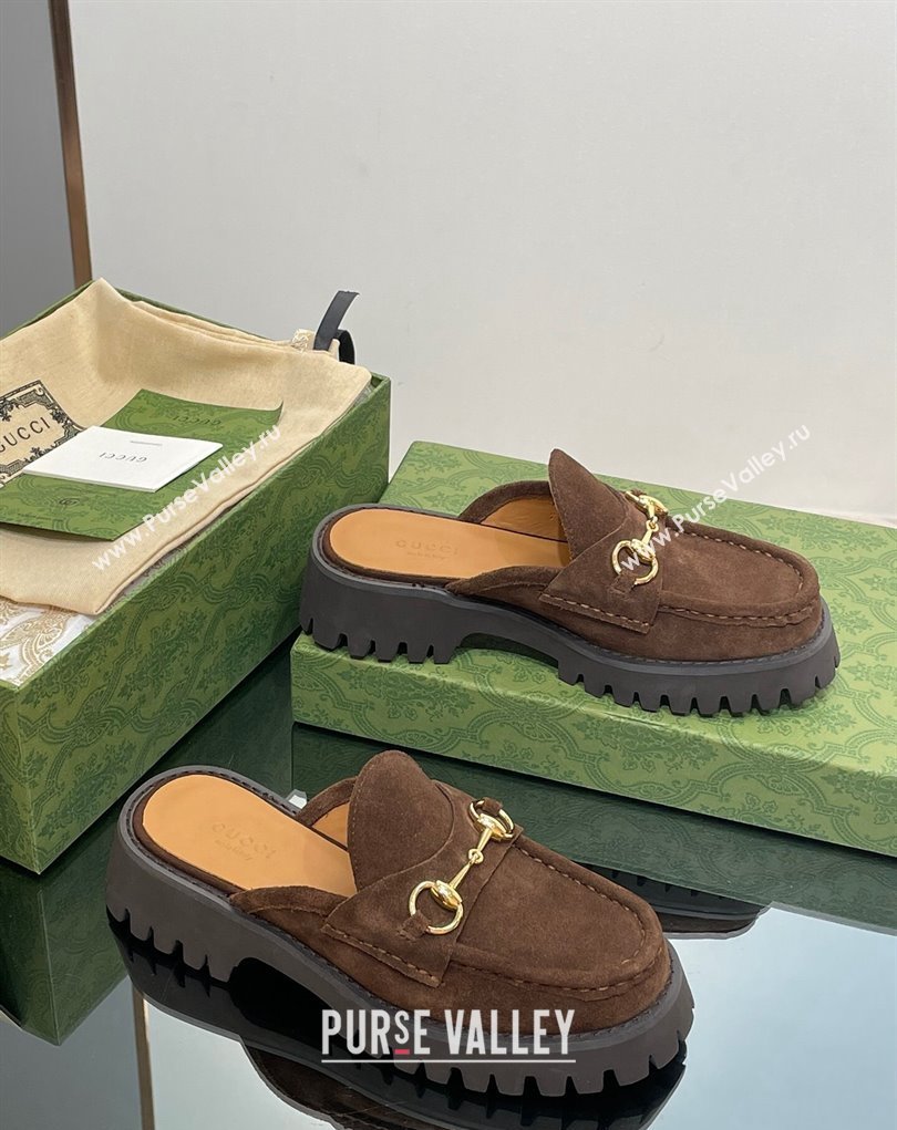 Gucci Womens Horsebit loafer slipper in Suede Coffee 2023 (modeng-23110903)