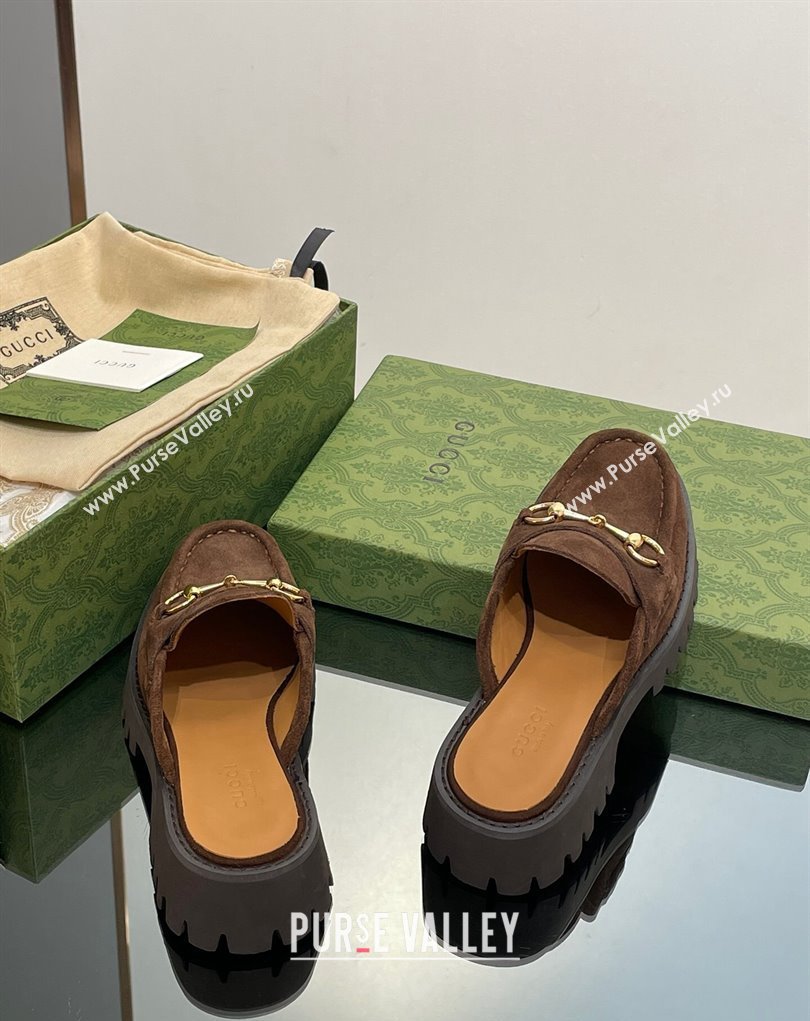 Gucci Womens Horsebit loafer slipper in Suede Coffee 2023 (modeng-23110903)