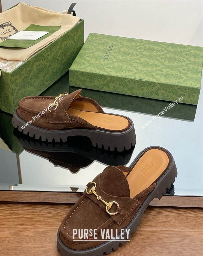 Gucci Womens Horsebit loafer slipper in Suede Coffee 2023 (modeng-23110903)