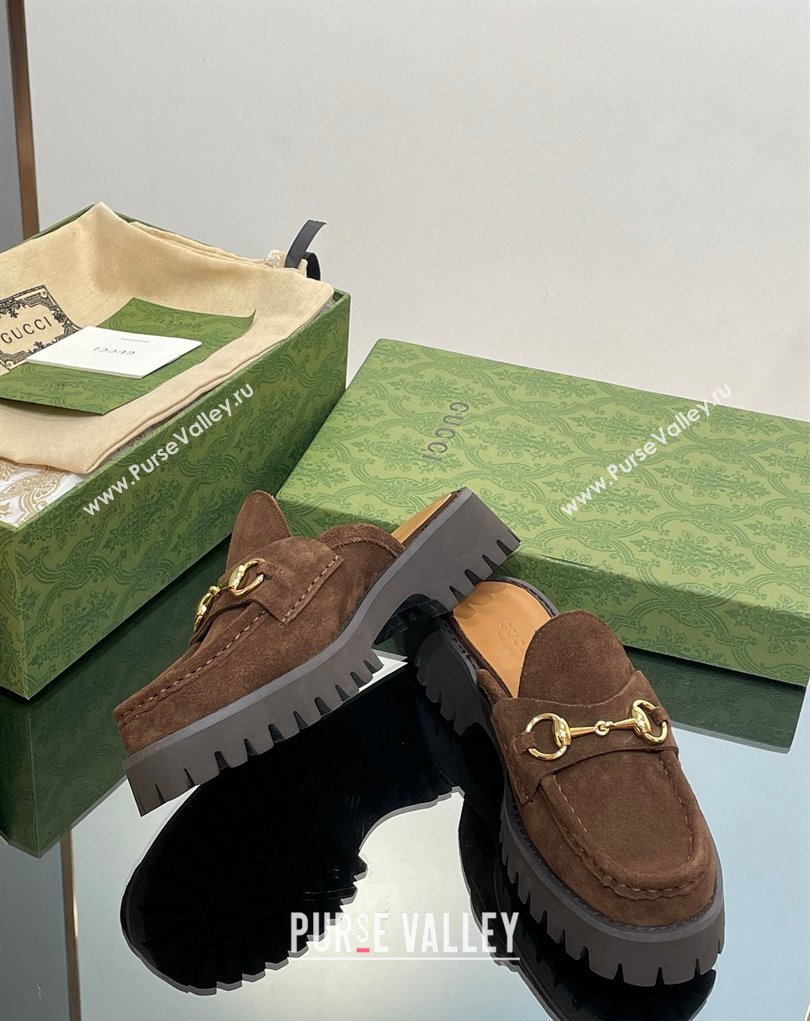 Gucci Womens Horsebit loafer slipper in Suede Coffee 2023 (modeng-23110903)