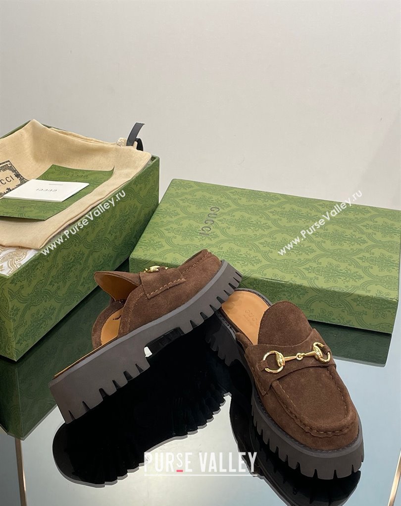 Gucci Womens Horsebit loafer slipper in Suede Coffee 2023 (modeng-23110903)