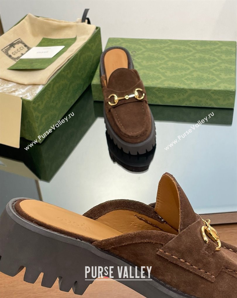 Gucci Womens Horsebit loafer slipper in Suede Coffee 2023 (modeng-23110903)