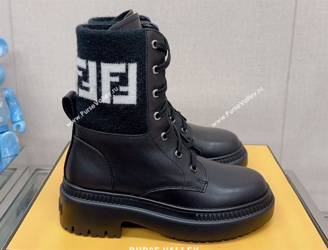 Fendi Domino leather biker boots with laces Black 2023 (modeng-23111065)