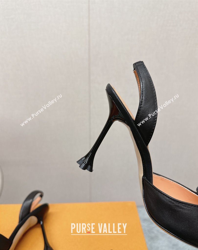 Louis Vuitton Heel 9.5cm Blossom Slingback Pumps with Bow Lambskin Black 2023 (modeng-23111401)